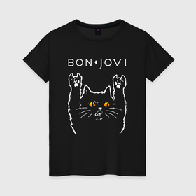 Женская футболка хлопок с принтом Bon Jovi rock cat в Кировске, 100% хлопок | прямой крой, круглый вырез горловины, длина до линии бедер, слегка спущенное плечо | 