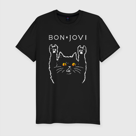 Мужская футболка хлопок Slim с принтом Bon Jovi rock cat в Петрозаводске, 92% хлопок, 8% лайкра | приталенный силуэт, круглый вырез ворота, длина до линии бедра, короткий рукав | 