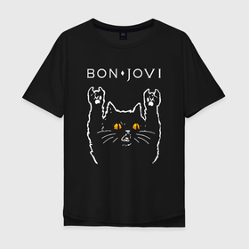 Мужская футболка хлопок Oversize с принтом Bon Jovi rock cat в Петрозаводске, 100% хлопок | свободный крой, круглый ворот, “спинка” длиннее передней части | 