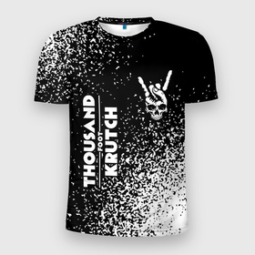Мужская футболка 3D Slim с принтом Thousand Foot Krutch и рок символ на темном фоне в Петрозаводске, 100% полиэстер с улучшенными характеристиками | приталенный силуэт, круглая горловина, широкие плечи, сужается к линии бедра | 
