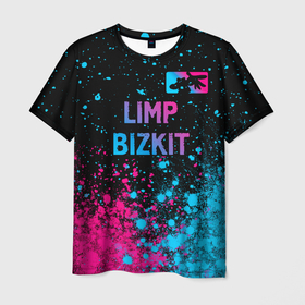 Мужская футболка 3D с принтом Limp Bizkit   neon gradient: символ сверху в Новосибирске, 100% полиэфир | прямой крой, круглый вырез горловины, длина до линии бедер | 