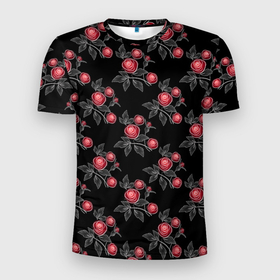 Мужская футболка 3D Slim с принтом Акварельные розы на черном в Курске, 100% полиэстер с улучшенными характеристиками | приталенный силуэт, круглая горловина, широкие плечи, сужается к линии бедра | Тематика изображения на принте: 