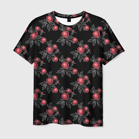 Мужская футболка 3D с принтом Акварельные розы на черном в Курске, 100% полиэфир | прямой крой, круглый вырез горловины, длина до линии бедер | Тематика изображения на принте: 
