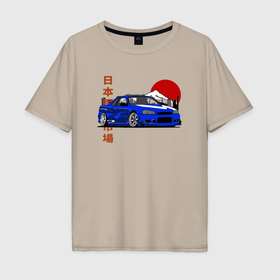 Мужская футболка хлопок Oversize с принтом Nissan Skyline Gt r r34 Japanese Retro Design в Санкт-Петербурге, 100% хлопок | свободный крой, круглый ворот, “спинка” длиннее передней части | 