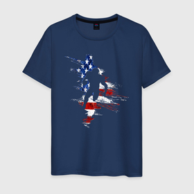 Мужская футболка хлопок с принтом Игрок в в американский футбол на флаге США в Белгороде, 100% хлопок | прямой крой, круглый вырез горловины, длина до линии бедер, слегка спущенное плечо. | 