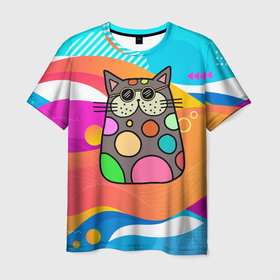 Мужская футболка 3D с принтом Котик в разноцветных  пятнах в Кировске, 100% полиэфир | прямой крой, круглый вырез горловины, длина до линии бедер | 