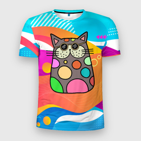 Мужская футболка 3D Slim с принтом Котик в разноцветных  пятнах в Кировске, 100% полиэстер с улучшенными характеристиками | приталенный силуэт, круглая горловина, широкие плечи, сужается к линии бедра | 