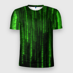 Мужская футболка 3D Slim с принтом Двоичный код зеленый в Екатеринбурге, 100% полиэстер с улучшенными характеристиками | приталенный силуэт, круглая горловина, широкие плечи, сужается к линии бедра | 