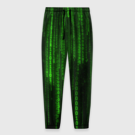 Мужские брюки 3D с принтом Двоичный код зеленый в Кировске, 100% полиэстер | манжеты по низу, эластичный пояс регулируется шнурком, по бокам два кармана без застежек, внутренняя часть кармана из мелкой сетки | 