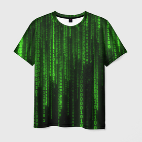 Мужская футболка 3D с принтом Двоичный код зеленый в Новосибирске, 100% полиэфир | прямой крой, круглый вырез горловины, длина до линии бедер | 