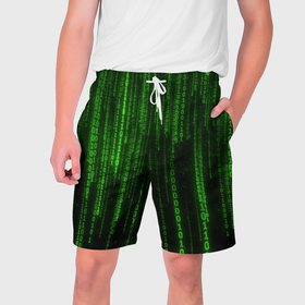 Мужские шорты 3D с принтом Двоичный код зеленый ,  полиэстер 100% | прямой крой, два кармана без застежек по бокам. Мягкая трикотажная резинка на поясе, внутри которой широкие завязки. Длина чуть выше колен | 