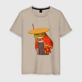 Мужская футболка хлопок с принтом Мудрый самурай   лягушка в Санкт-Петербурге, 100% хлопок | прямой крой, круглый вырез горловины, длина до линии бедер, слегка спущенное плечо. | 