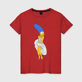 Женская футболка хлопок с принтом Мардж Симпсон в позе Мэрилин Монро в Петрозаводске, 100% хлопок | прямой крой, круглый вырез горловины, длина до линии бедер, слегка спущенное плечо | 