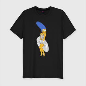 Мужская футболка хлопок Slim с принтом Мардж Симпсон в позе Мэрилин Монро в Санкт-Петербурге, 92% хлопок, 8% лайкра | приталенный силуэт, круглый вырез ворота, длина до линии бедра, короткий рукав | 