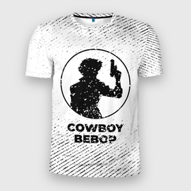 Мужская футболка 3D Slim с принтом Cowboy Bebop с потертостями на светлом фоне в Петрозаводске, 100% полиэстер с улучшенными характеристиками | приталенный силуэт, круглая горловина, широкие плечи, сужается к линии бедра | 