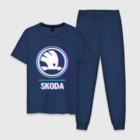 Мужская пижама хлопок с принтом Значок Skoda в стиле glitch в Новосибирске, 100% хлопок | брюки и футболка прямого кроя, без карманов, на брюках мягкая резинка на поясе и по низу штанин
 | 