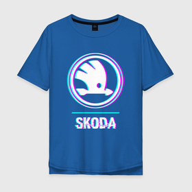 Мужская футболка хлопок Oversize с принтом Значок Skoda в стиле glitch в Белгороде, 100% хлопок | свободный крой, круглый ворот, “спинка” длиннее передней части | 