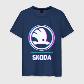 Мужская футболка хлопок с принтом Значок Skoda в стиле glitch в Петрозаводске, 100% хлопок | прямой крой, круглый вырез горловины, длина до линии бедер, слегка спущенное плечо. | 