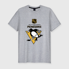 Мужская футболка хлопок Slim с принтом Питтсбург Пингвинз НХЛ логотип в Петрозаводске, 92% хлопок, 8% лайкра | приталенный силуэт, круглый вырез ворота, длина до линии бедра, короткий рукав | 