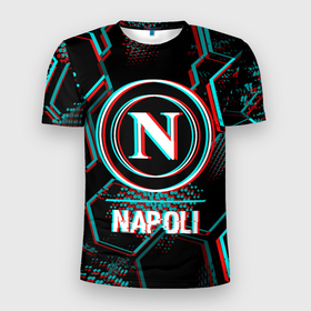 Мужская футболка 3D Slim с принтом Napoli FC в стиле glitch на темном фоне в Петрозаводске, 100% полиэстер с улучшенными характеристиками | приталенный силуэт, круглая горловина, широкие плечи, сужается к линии бедра | 