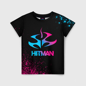 Детская футболка 3D с принтом Hitman   neon gradient в Санкт-Петербурге, 100% гипоаллергенный полиэфир | прямой крой, круглый вырез горловины, длина до линии бедер, чуть спущенное плечо, ткань немного тянется | 