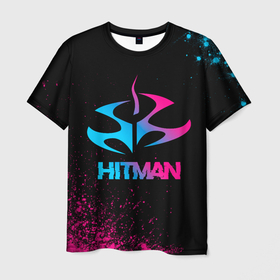 Мужская футболка 3D с принтом Hitman   neon gradient в Екатеринбурге, 100% полиэфир | прямой крой, круглый вырез горловины, длина до линии бедер | Тематика изображения на принте: 