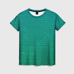 Женская футболка 3D с принтом Двоичный код на зеленом фоне в Новосибирске, 100% полиэфир ( синтетическое хлопкоподобное полотно) | прямой крой, круглый вырез горловины, длина до линии бедер | 