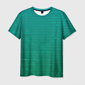 Мужская футболка 3D с принтом Двоичный код на зеленом фоне в Новосибирске, 100% полиэфир | прямой крой, круглый вырез горловины, длина до линии бедер | 