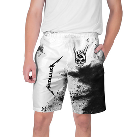 Мужские шорты 3D с принтом Metallica и рок символ на светлом фоне в Петрозаводске,  полиэстер 100% | прямой крой, два кармана без застежек по бокам. Мягкая трикотажная резинка на поясе, внутри которой широкие завязки. Длина чуть выше колен | 