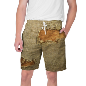 Мужские шорты 3D с принтом Старая рваная мешковина   авангард в Тюмени,  полиэстер 100% | прямой крой, два кармана без застежек по бокам. Мягкая трикотажная резинка на поясе, внутри которой широкие завязки. Длина чуть выше колен | 