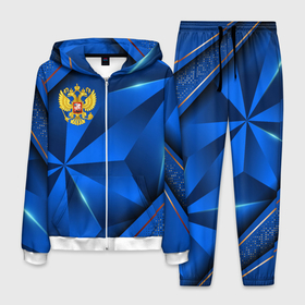 Мужской костюм 3D с принтом Герб РФ на синем объемном фоне в Петрозаводске, 100% полиэстер | Манжеты и пояс оформлены тканевой резинкой, двухслойный капюшон со шнурком для регулировки, карманы спереди | 