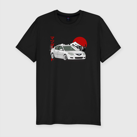 Мужская футболка хлопок Slim с принтом Mazda 3 bk JDM Retro в Петрозаводске, 92% хлопок, 8% лайкра | приталенный силуэт, круглый вырез ворота, длина до линии бедра, короткий рукав | Тематика изображения на принте: 