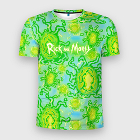 Мужская футболка 3D Slim с принтом Portal and logo Rick and Morty , 100% полиэстер с улучшенными характеристиками | приталенный силуэт, круглая горловина, широкие плечи, сужается к линии бедра | 