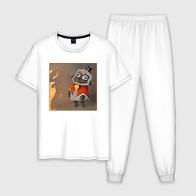 Мужская пижама хлопок с принтом Cult of the Lamb   Картина   Ягнёнок и огонь в Тюмени, 100% хлопок | брюки и футболка прямого кроя, без карманов, на брюках мягкая резинка на поясе и по низу штанин
 | 