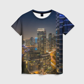 Женская футболка 3D с принтом Ночной красочный город , 100% полиэфир ( синтетическое хлопкоподобное полотно) | прямой крой, круглый вырез горловины, длина до линии бедер | 