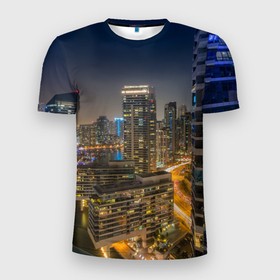 Мужская футболка 3D Slim с принтом Ночной красочный город в Петрозаводске, 100% полиэстер с улучшенными характеристиками | приталенный силуэт, круглая горловина, широкие плечи, сужается к линии бедра | 
