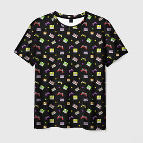 Мужская футболка 3D с принтом 90s pattern on black в Петрозаводске, 100% полиэфир | прямой крой, круглый вырез горловины, длина до линии бедер | 