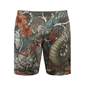 Мужские шорты спортивные с принтом Тигр и дракон мифические в Петрозаводске,  |  | Тематика изображения на принте: 