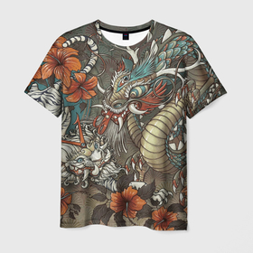 Мужская футболка 3D с принтом Тигр и дракон мифические в Кировске, 100% полиэфир | прямой крой, круглый вырез горловины, длина до линии бедер | 