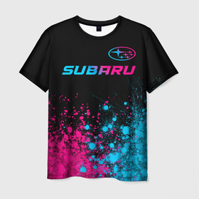Мужская футболка 3D с принтом Subaru   neon gradient: символ сверху в Санкт-Петербурге, 100% полиэфир | прямой крой, круглый вырез горловины, длина до линии бедер | 