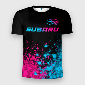 Мужская футболка 3D Slim с принтом Subaru   neon gradient: символ сверху в Санкт-Петербурге, 100% полиэстер с улучшенными характеристиками | приталенный силуэт, круглая горловина, широкие плечи, сужается к линии бедра | 