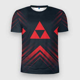 Мужская футболка 3D Slim с принтом Красный символ Zelda на темном фоне со стрелками в Новосибирске, 100% полиэстер с улучшенными характеристиками | приталенный силуэт, круглая горловина, широкие плечи, сужается к линии бедра | 