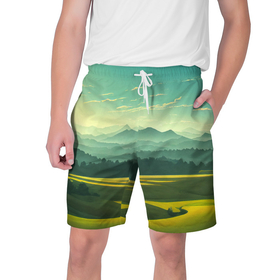 Мужские шорты 3D с принтом Зелёная долина, пейзаж в Курске,  полиэстер 100% | прямой крой, два кармана без застежек по бокам. Мягкая трикотажная резинка на поясе, внутри которой широкие завязки. Длина чуть выше колен | 