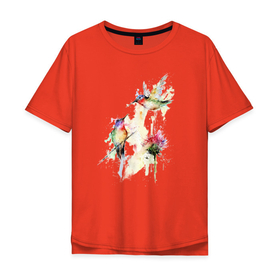 Мужская футболка хлопок Oversize с принтом Живопись полет колибри в Тюмени, 100% хлопок | свободный крой, круглый ворот, “спинка” длиннее передней части | 