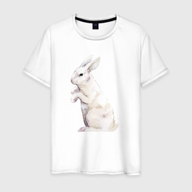 Мужская футболка хлопок с принтом Белый милый кролик в Петрозаводске, 100% хлопок | прямой крой, круглый вырез горловины, длина до линии бедер, слегка спущенное плечо. | 
