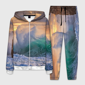 Мужской костюм 3D с принтом Штормовая волна, накатывающая на берег в Новосибирске, 100% полиэстер | Манжеты и пояс оформлены тканевой резинкой, двухслойный капюшон со шнурком для регулировки, карманы спереди | Тематика изображения на принте: 