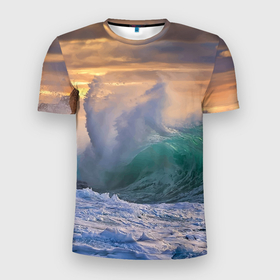 Мужская футболка 3D Slim с принтом Штормовая волна, накатывающая на берег в Кировске, 100% полиэстер с улучшенными характеристиками | приталенный силуэт, круглая горловина, широкие плечи, сужается к линии бедра | Тематика изображения на принте: 