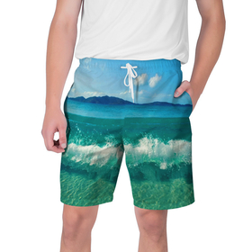 Мужские шорты 3D с принтом Волна набегает на берег в Кировске,  полиэстер 100% | прямой крой, два кармана без застежек по бокам. Мягкая трикотажная резинка на поясе, внутри которой широкие завязки. Длина чуть выше колен | 