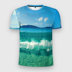 Мужская футболка 3D Slim с принтом Волна набегает на берег в Кировске, 100% полиэстер с улучшенными характеристиками | приталенный силуэт, круглая горловина, широкие плечи, сужается к линии бедра | 