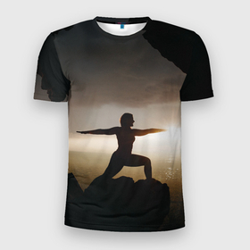 Мужская футболка 3D Slim с принтом Поза воина в йоге в Петрозаводске, 100% полиэстер с улучшенными характеристиками | приталенный силуэт, круглая горловина, широкие плечи, сужается к линии бедра | 
